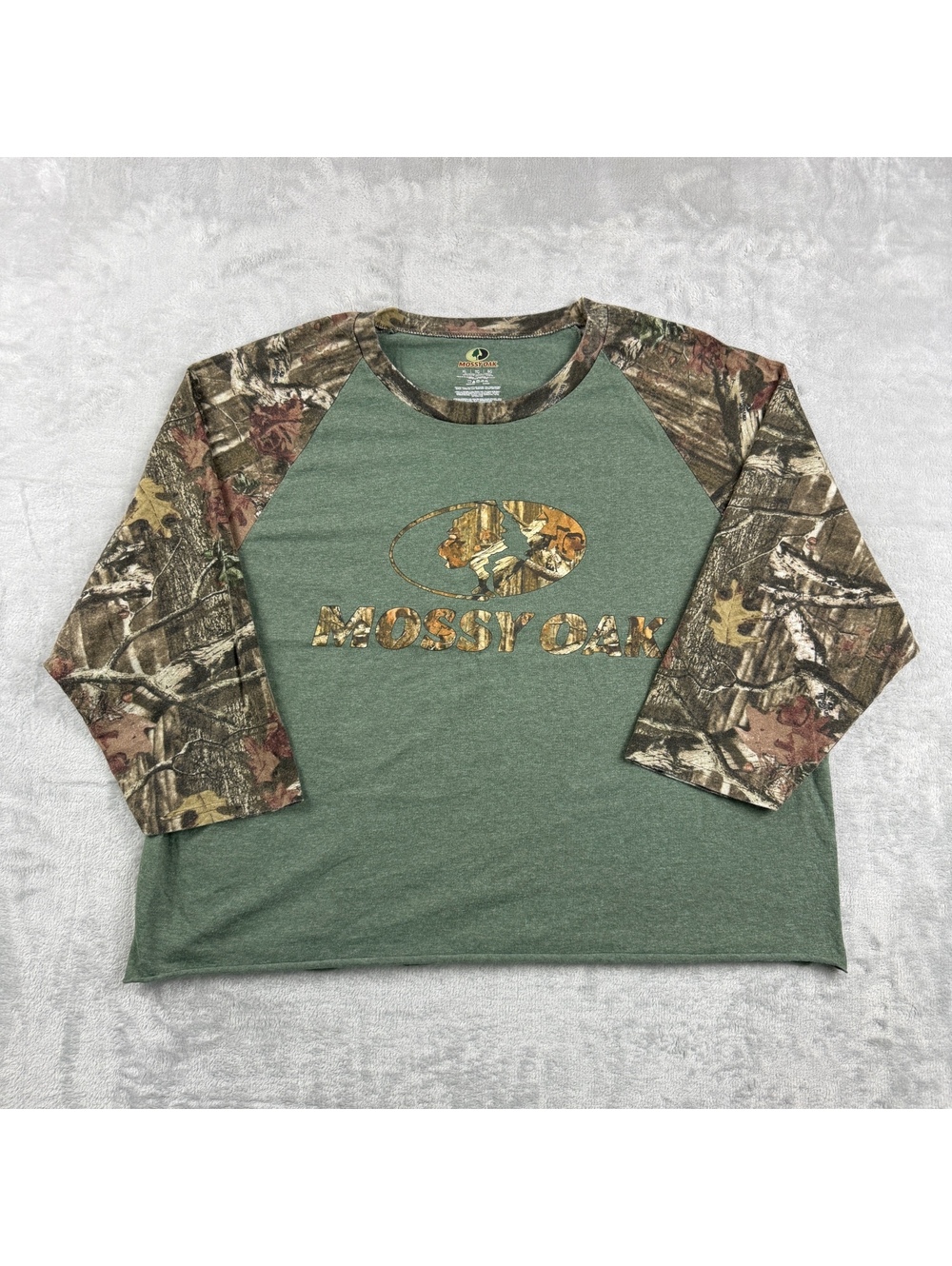 Mossy Oak XL Green Camo 3/4 Sleeve Raglan T Shirt Cropped Hunting Outdoor Logo